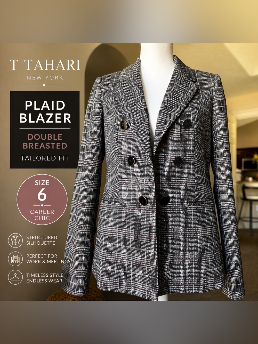 T-Tahari  Womens Plaid Double Breasted Blazer Tailored Career Jacket Size 6